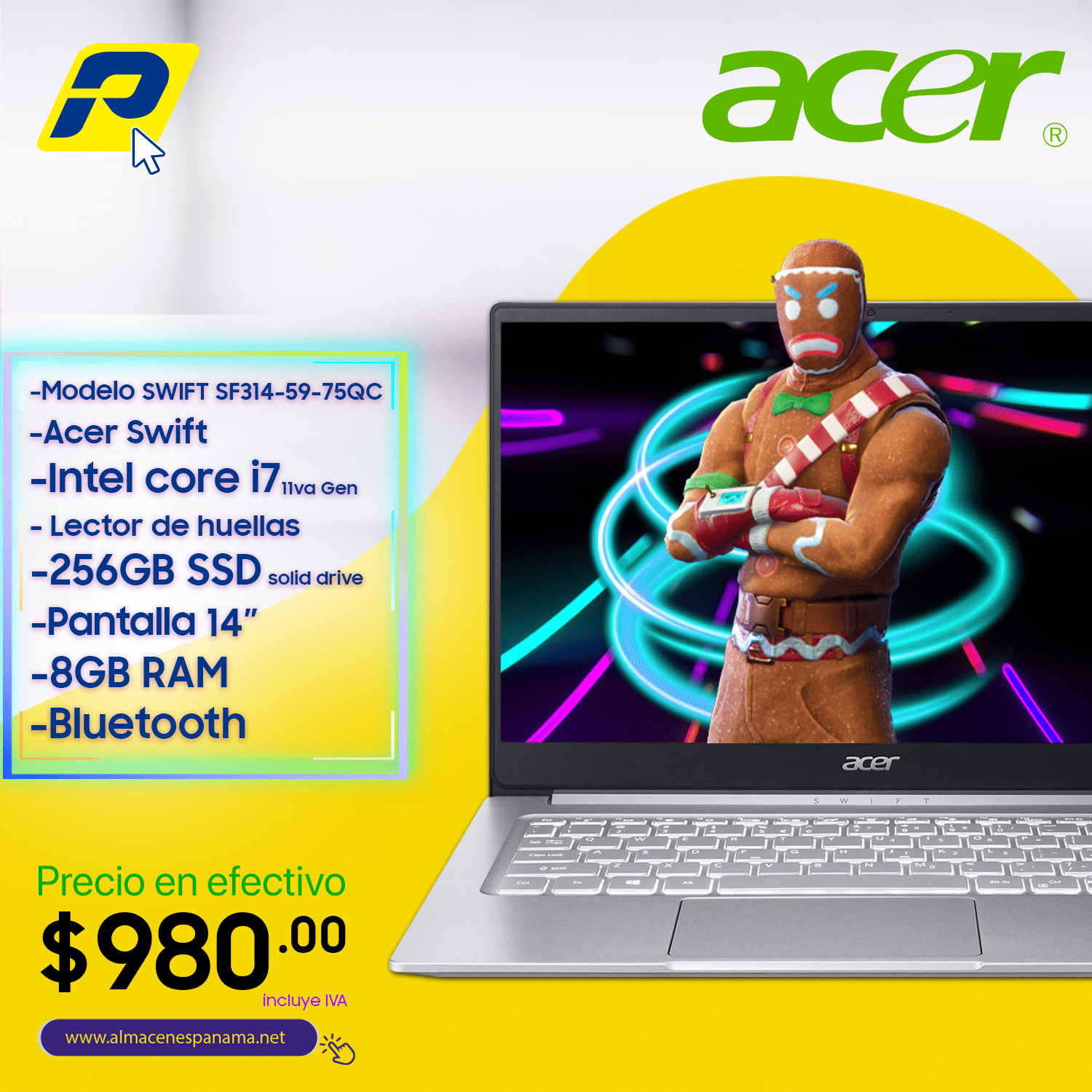 Laptop Acer NXA5UAA006 SF314 59 75QC core i7 11vaGEN 8GB RAM 256B SSD 14 PULGADAS
